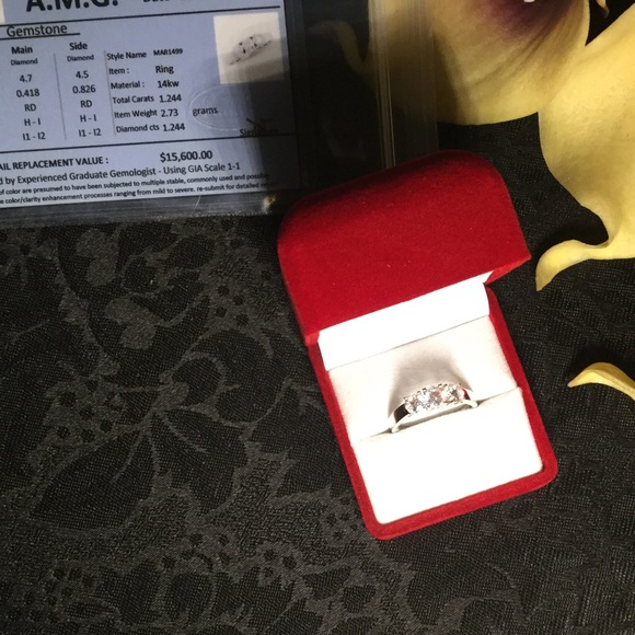 14k White Gold.  1.244 ctw 3 Stone Diamond Ring - Picture 6 of 7
